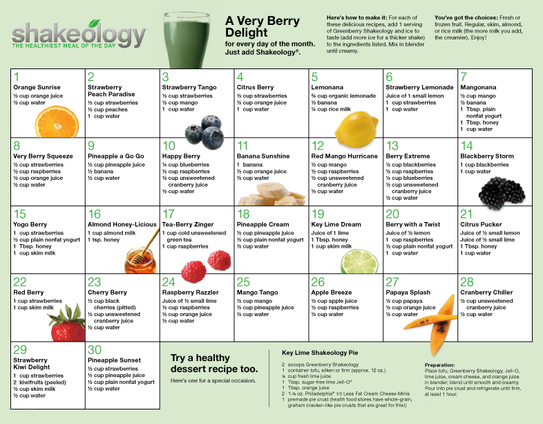 Shakeology Recipe Calendar Greenberry