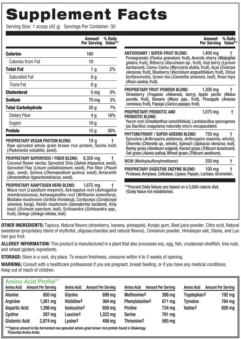 Chocolate Shakeology Supplement Facts