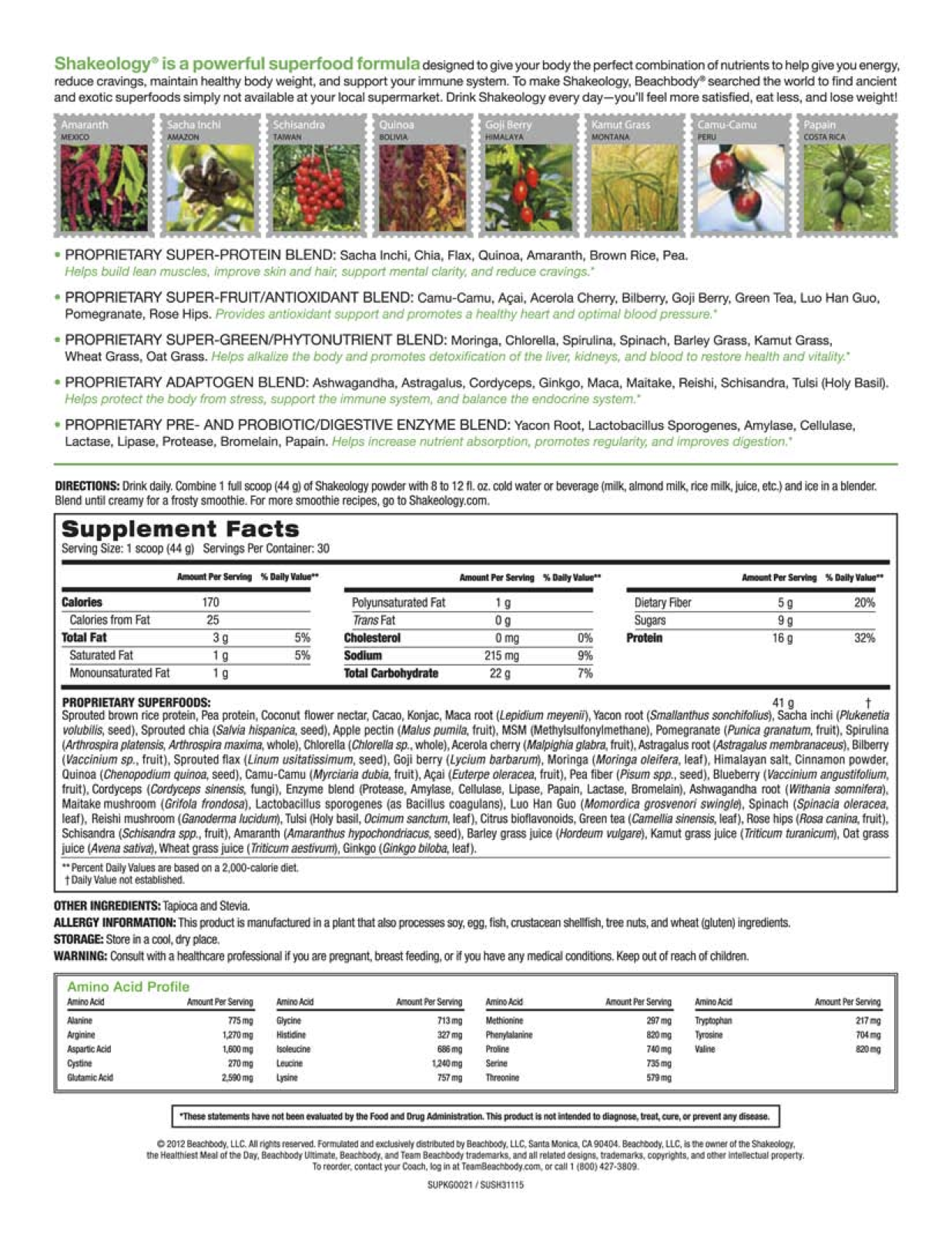 Chocolate Vegan Shakeology Supplement Facts