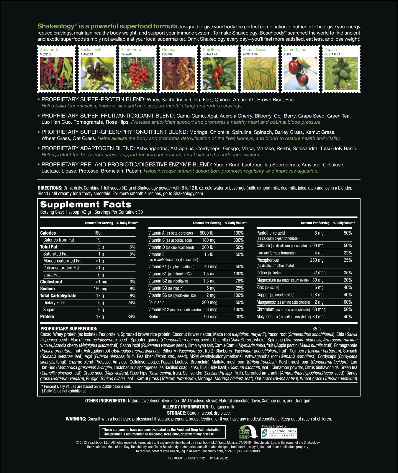 Chocolate Shakeology Supplement Facts